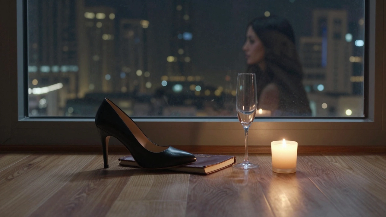 A solitary high heel and open journal beside a burning oud candle, with Dubai’s skyline reflected in the window.