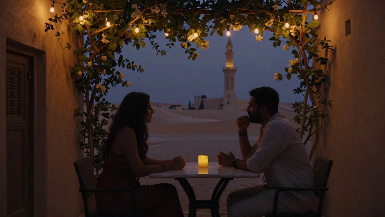 Two silhouettes sharing quiet conversation in a hidden garden courtyard under string lights in Dubai.